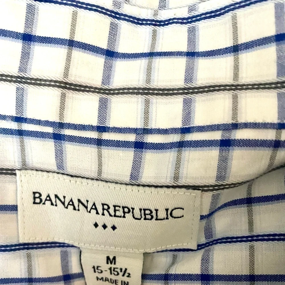 Men shirt long sleeve button down w/ cuff Banana Republic navy white plaid M